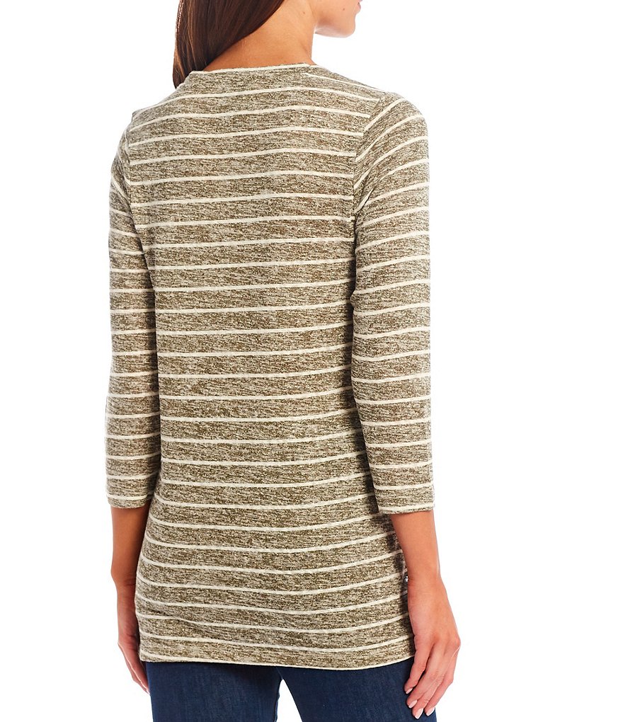 Bobeau Stripe Print Knit 3/4 Sleeve Side Panel Detail Hi-Low Tunic