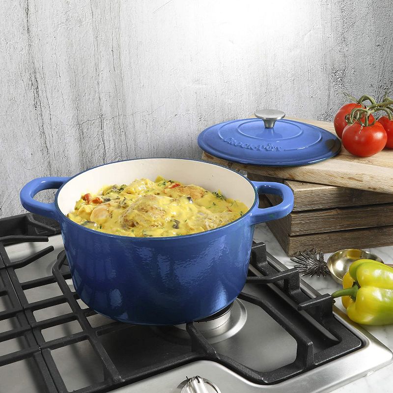 Crock-Pot 5 Quart Capacity Round Enamel Cast Iron Covered Dutch Oven Food Cooker Kitchen Cookware with Matching Self Basting Lid, Blue