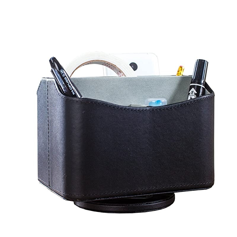 Colorful PU Leather 360 Degrees Rotatable Remote ControlController Organizer Spinning TV GuideMailMedia Desktop Organizer Caddy Holder Pure Black