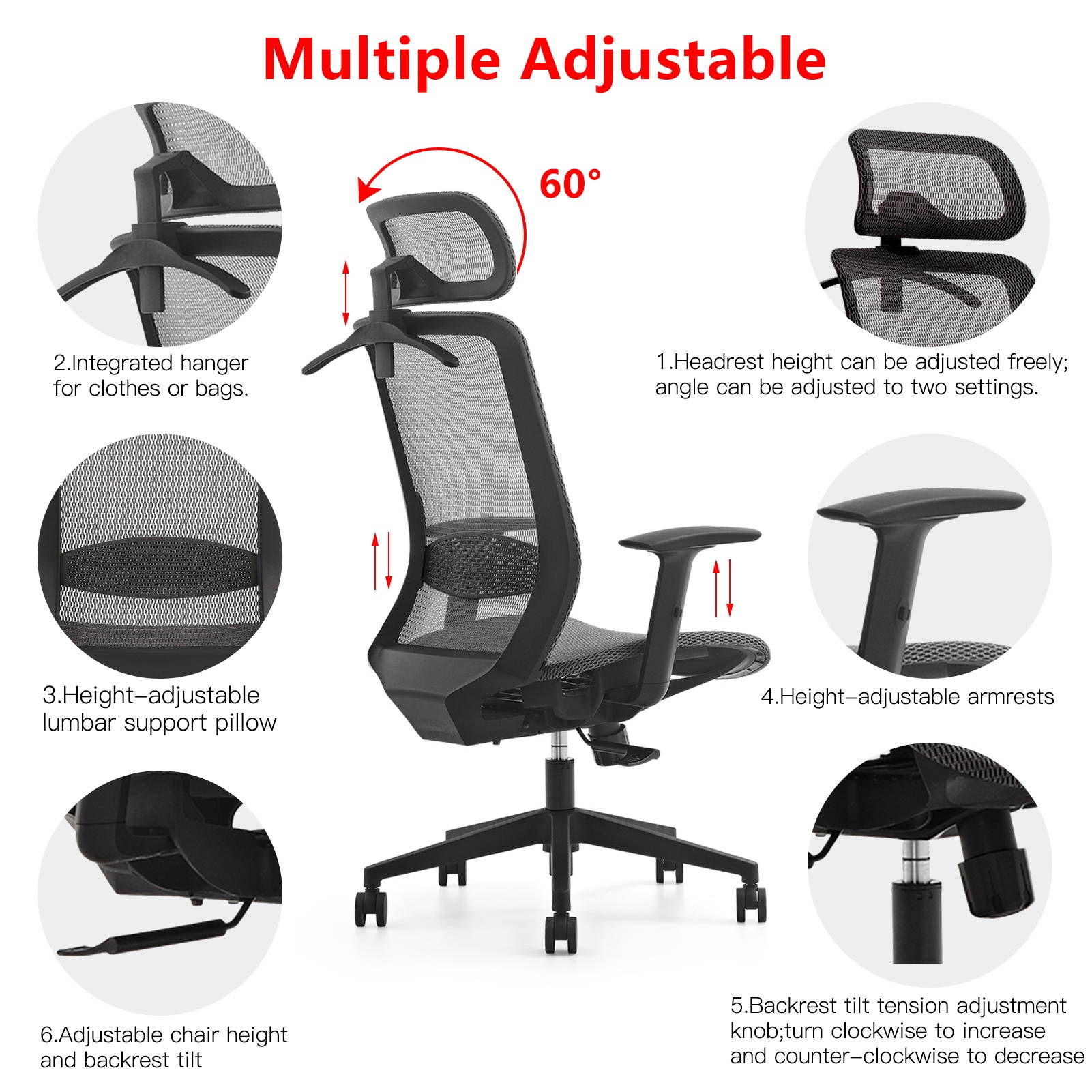 Aibecy Ergonomic Office Chair High Back Breathable Mesh Computer Chair 360&deg; Swivel Desk Chair Adjustable Chair Height Backrest Tilt Headrest Armrest Lumbar Support Executive Task Chair for Office Home