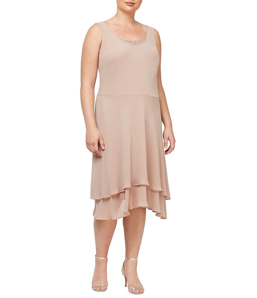 Ignite Evenings Plus Size Scoop Neck Long Sleeve Sequined Shoulder Midi Length Tiered Hem Jacket Dress