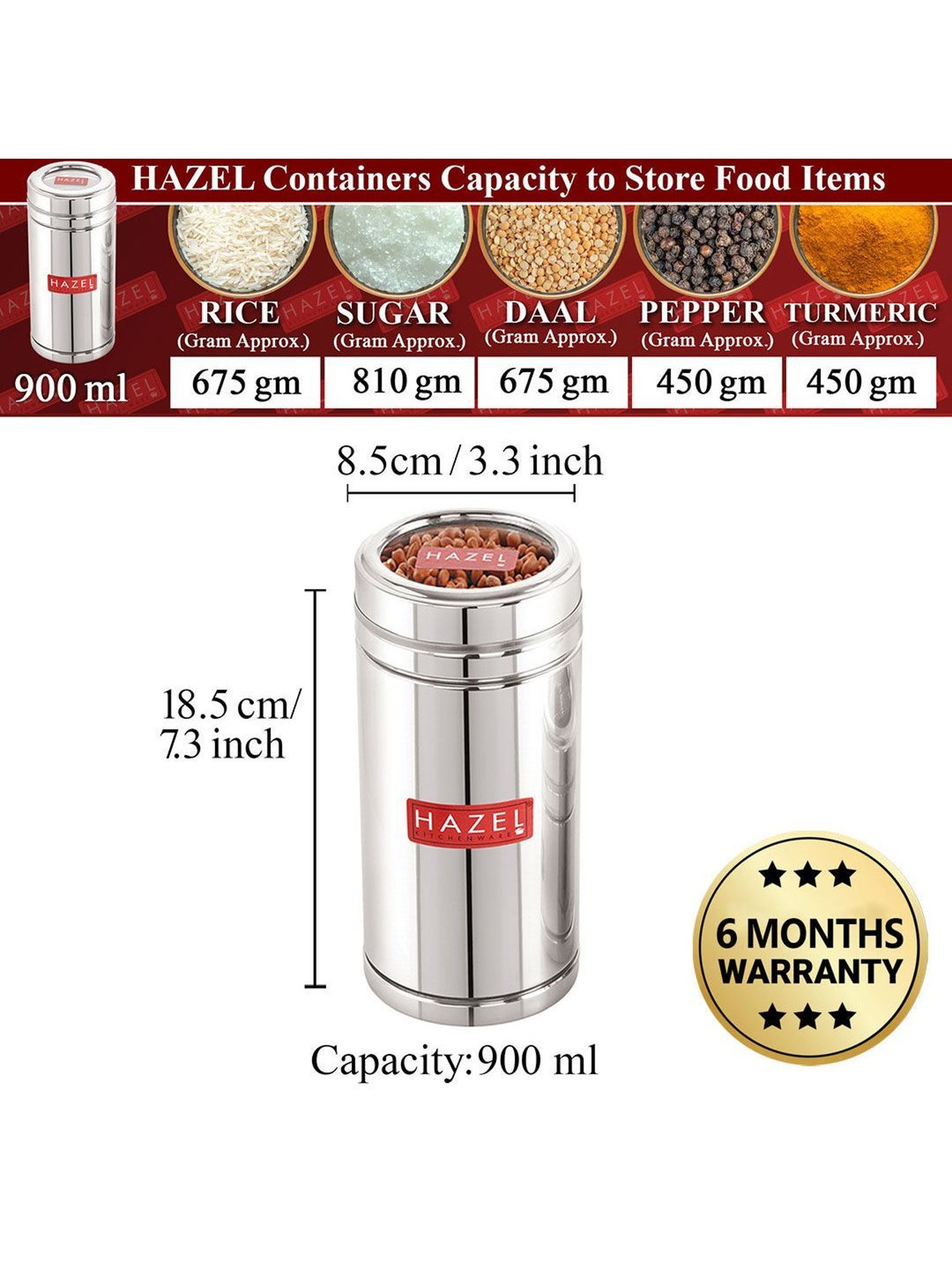 HAZEL Silver Stainless Steel Container with Transparent Lid (0.9L)