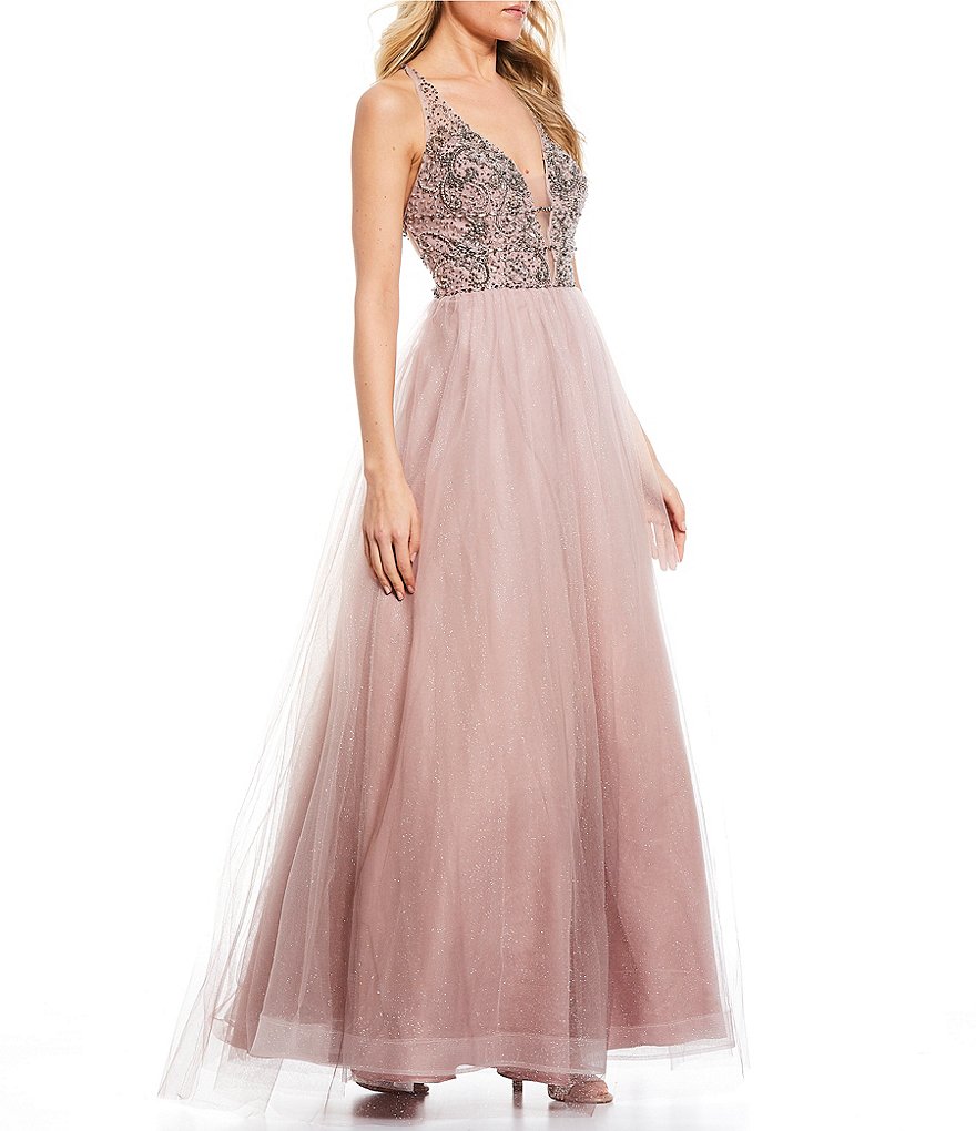 Coya Collection Spaghetti Strap Cage-Back Beaded Ombre Mesh Ball Gown