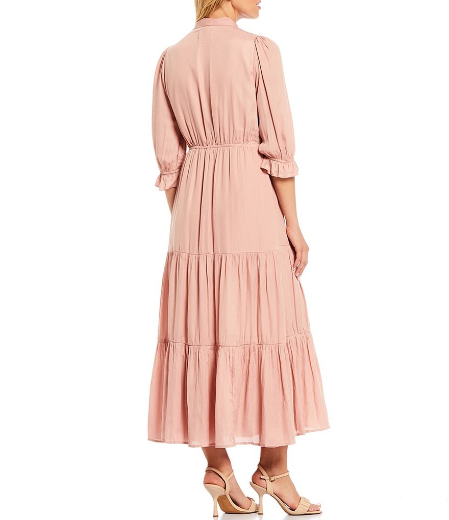 Skies Are Blue Tie V-Neck 3/4 Sleeve Tiered Midi Dress