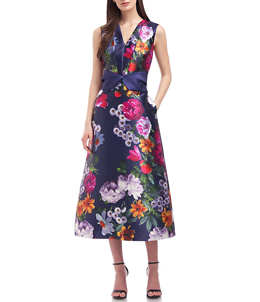 Kay Unger V-Neck Sleeveless Floral Mikado Midi Dress