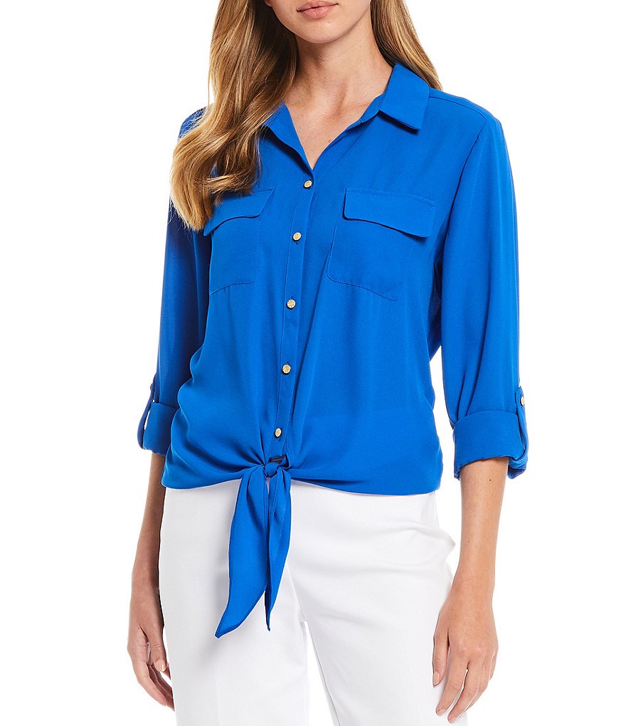 Investments Solid Point Collar Neck Button-Front Long Sleeve Tie-Front Top