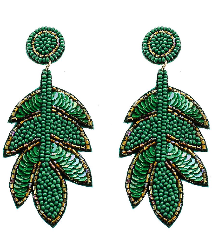 Panacea Seed Bead and Sequin Leaf Earrings