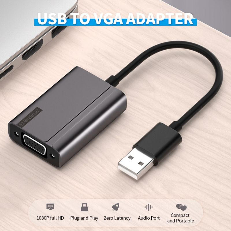 USB to VGA Adapter with Audio 1080P Full HD Cable Screen Mirroring Adapter for TV/Monitor/Projector Gray