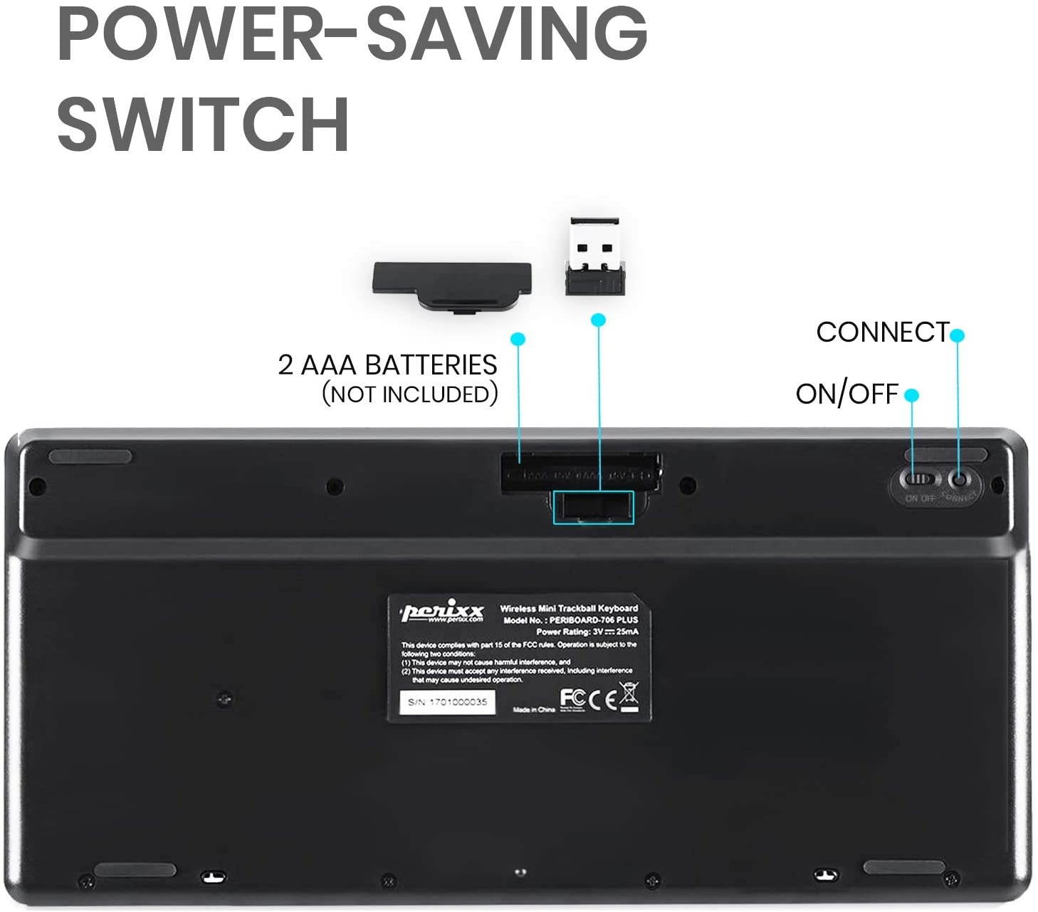 Perixx Periboard-706 Wireless Trackball Mini Keyboard, Build-in 0.55 Inch Trackball for Pointing Feature, Black, US English Layout (10532)