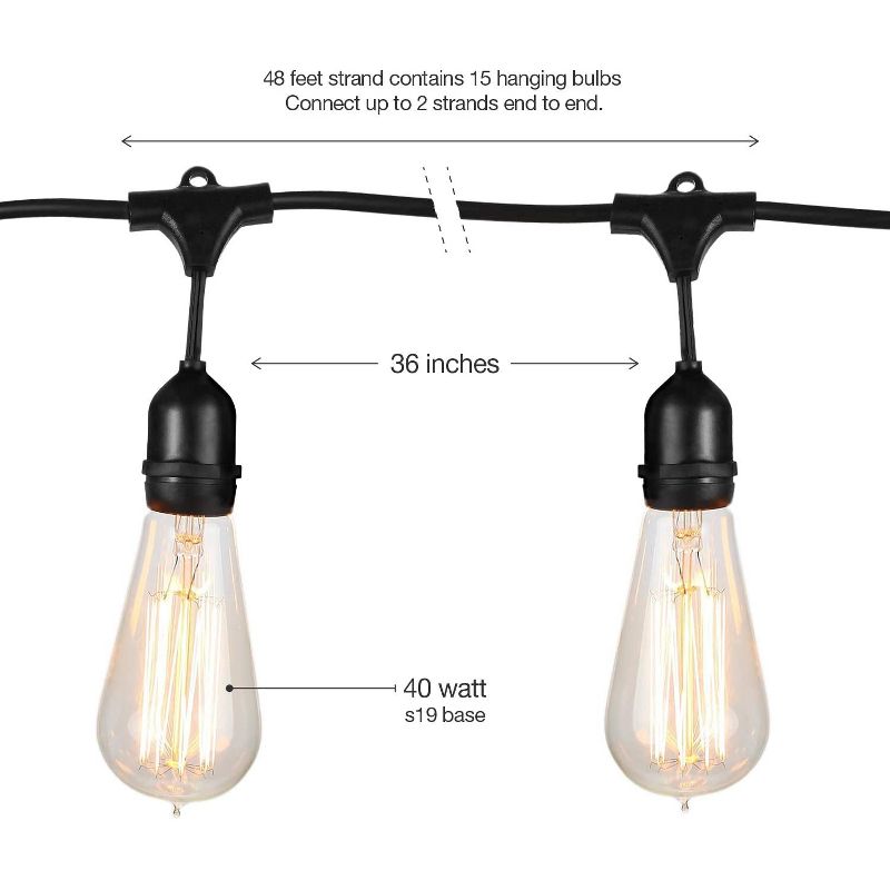Brightech Ambience Vintage Outdoor String Lights with 15 Hanging Sockets & Edison Bulbs for Outside, Backyard, Cafe, Patio, or Porch, 48 Foot, Black
