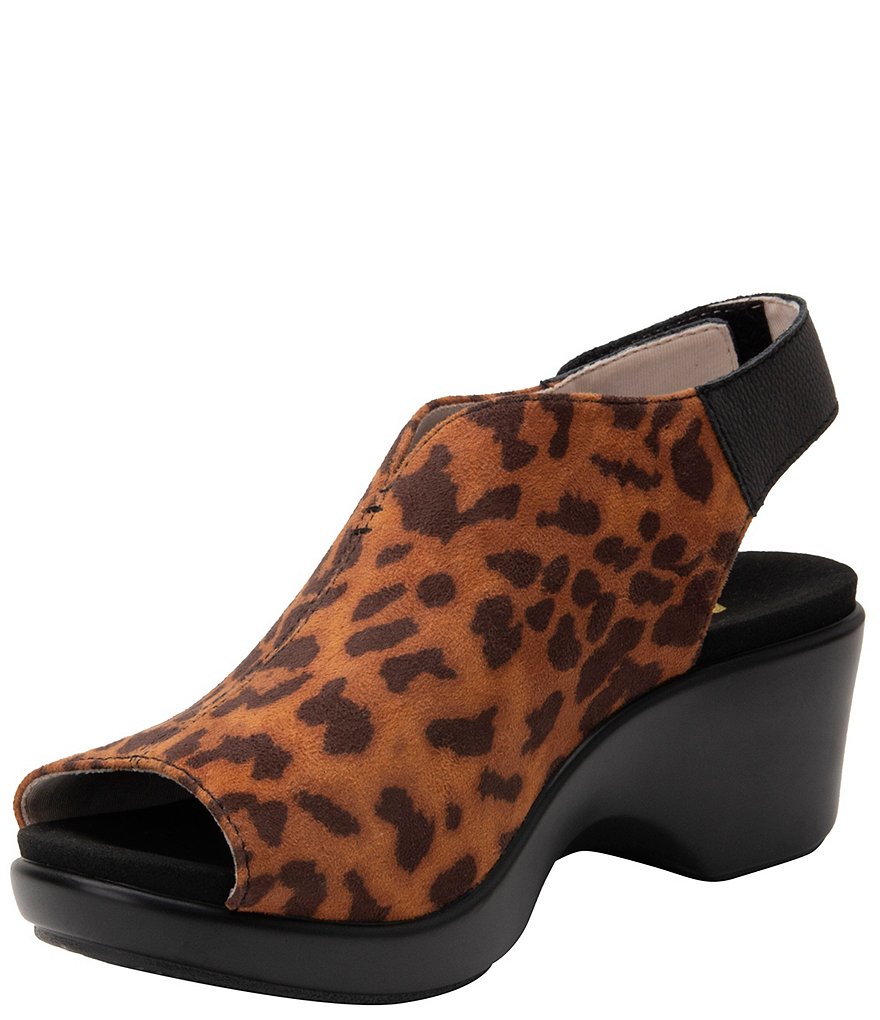 Alegria Rosie Leopard Print Dream Fit Peep Toe Wedge Slingback Pumps