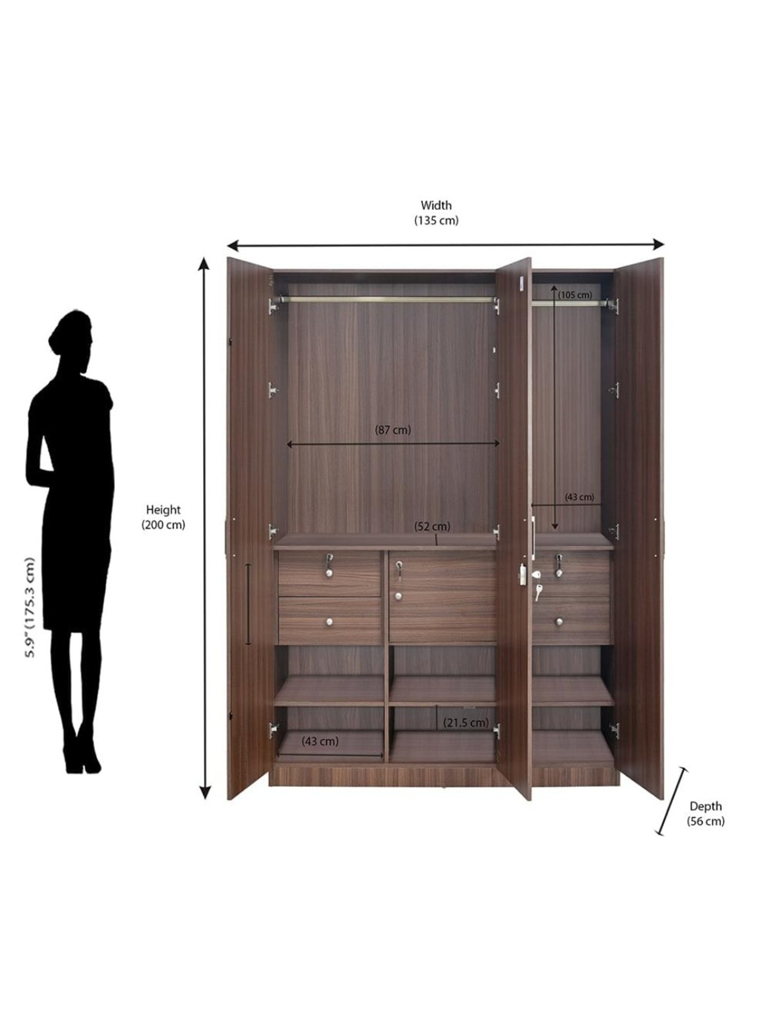 Nilkamal Max Classic Walnut Engineered Wood 3 Door Wardrobe