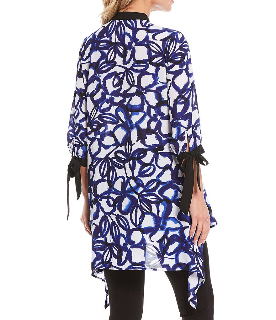 Slim Factor By Investments Tie Dye Floral Print Georgette Tie-Cuffs 3/4 Sleeve Hi-Low Button Down Tunic