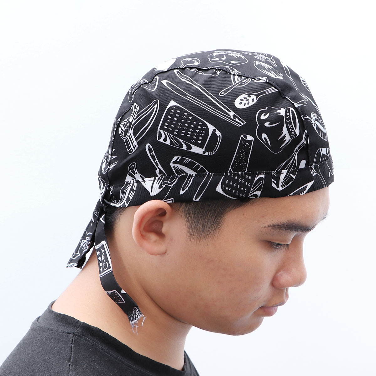 Fashion Cutlery Style Chefs Hat Cap Kitchen Catering Skull Cap Ribbon Cap Turban (Black+White)