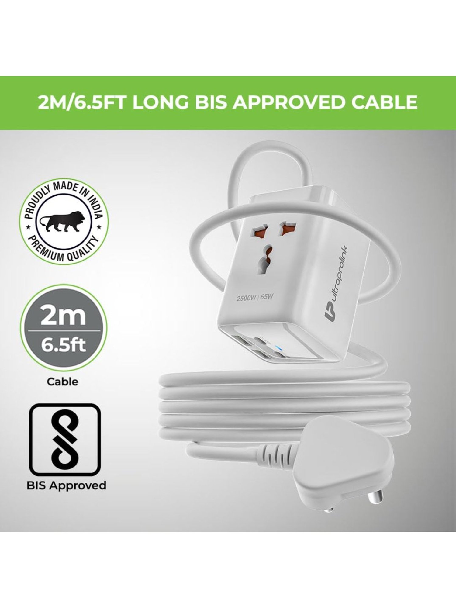 UltraProlink Power Qube 65 Extension Board Surge Protector with 2 Universal Sockets 2500W (White)