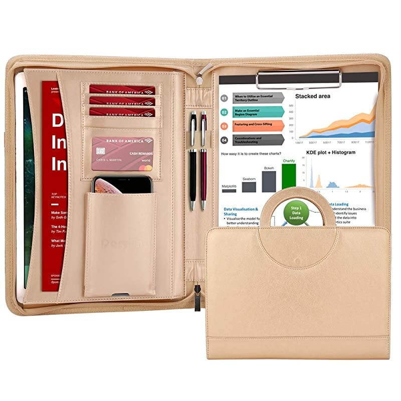 Zippered Leather Padfolio Portfolio with Hidden Handle and Clipboard Business Conference Portfolio Organizer Notepad Folder Portfolio Bag Portfolio Padfolio for WomenMen Gold