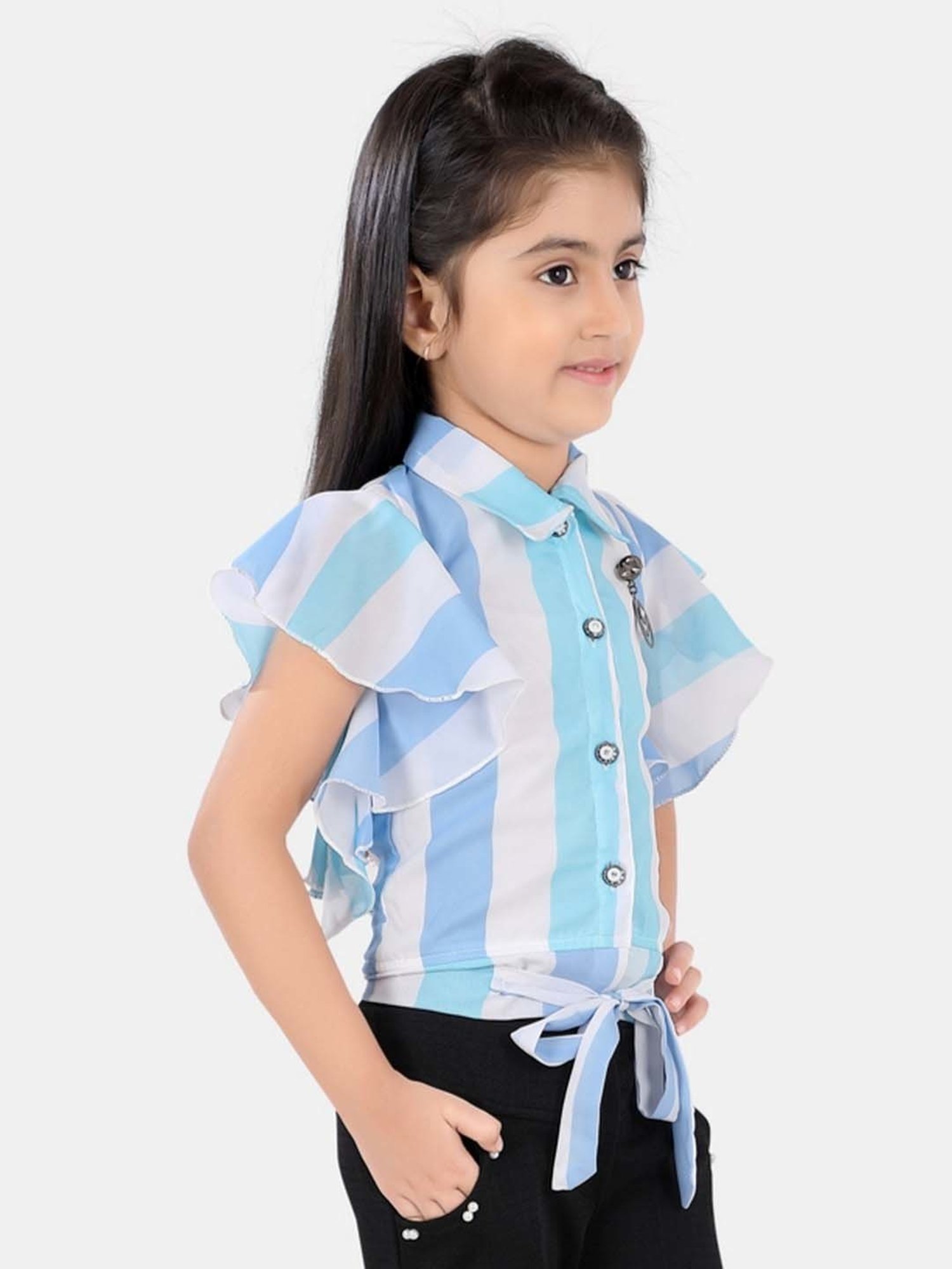poplins Kids Blue & White Cotton Color Block Top