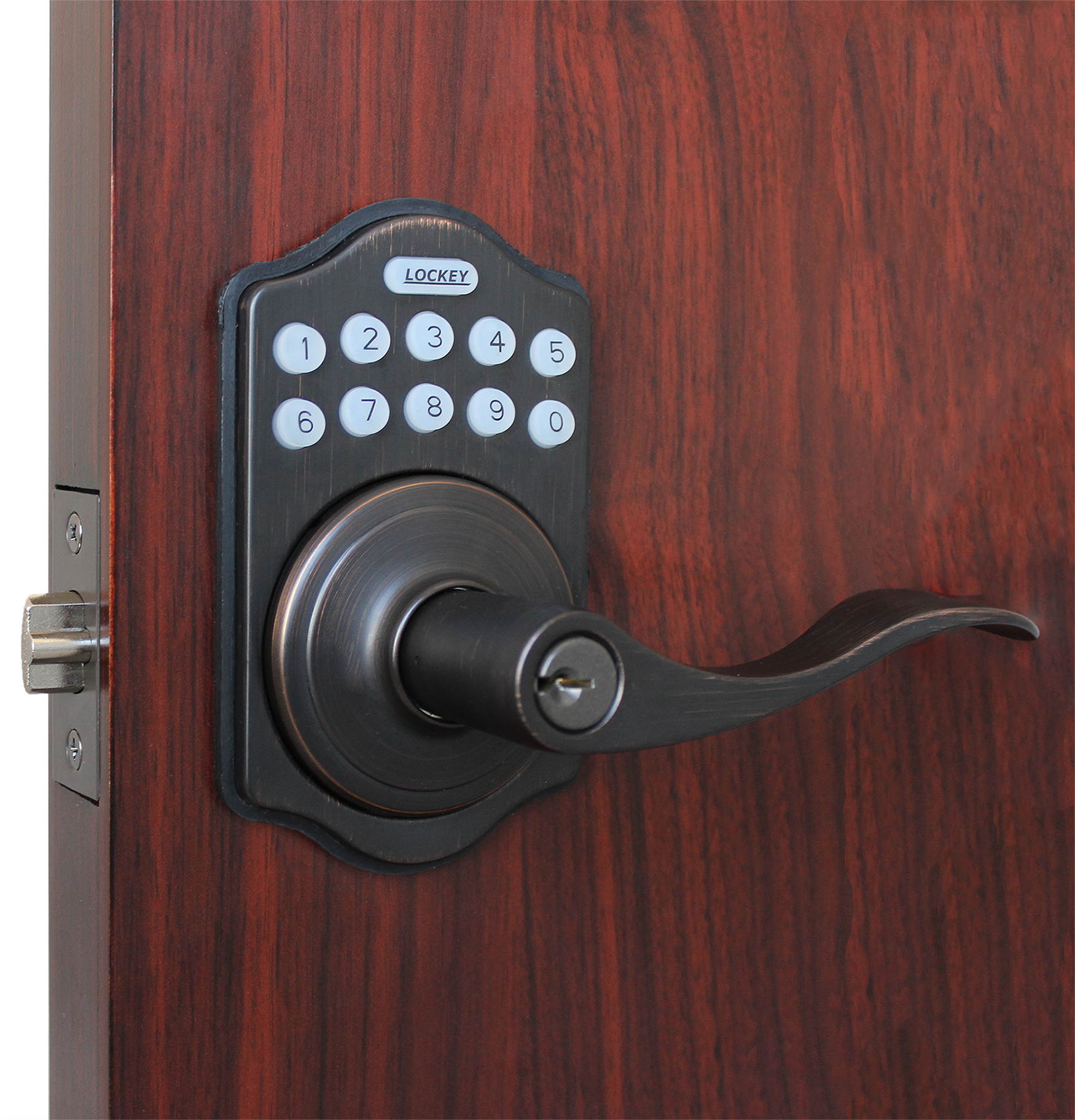 LockeyUSA E985BB Electronic Push Button Digital Door Lock, Access Control, Combination, Remote Capable, Keyless Lever Lock with Keypad Access in Bright Brass