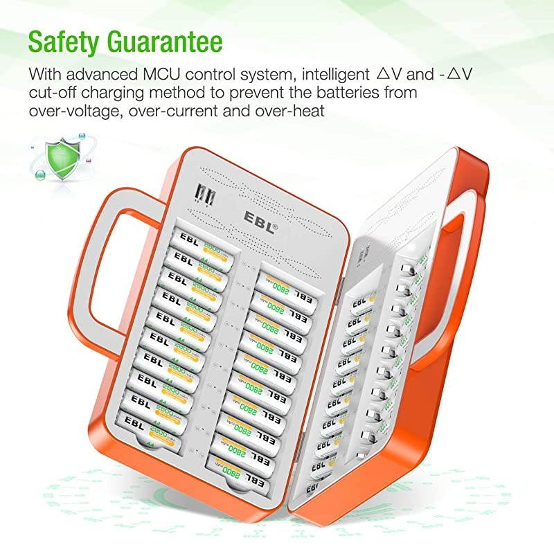 40Slot Battery Charger for 2/4/.20/24.38/40 pcs AA AAA Rechargeable Batteries - Advanced Multiple Battery Charger with 4 USB Output for Phones - Handle Design(Batteries not Included)