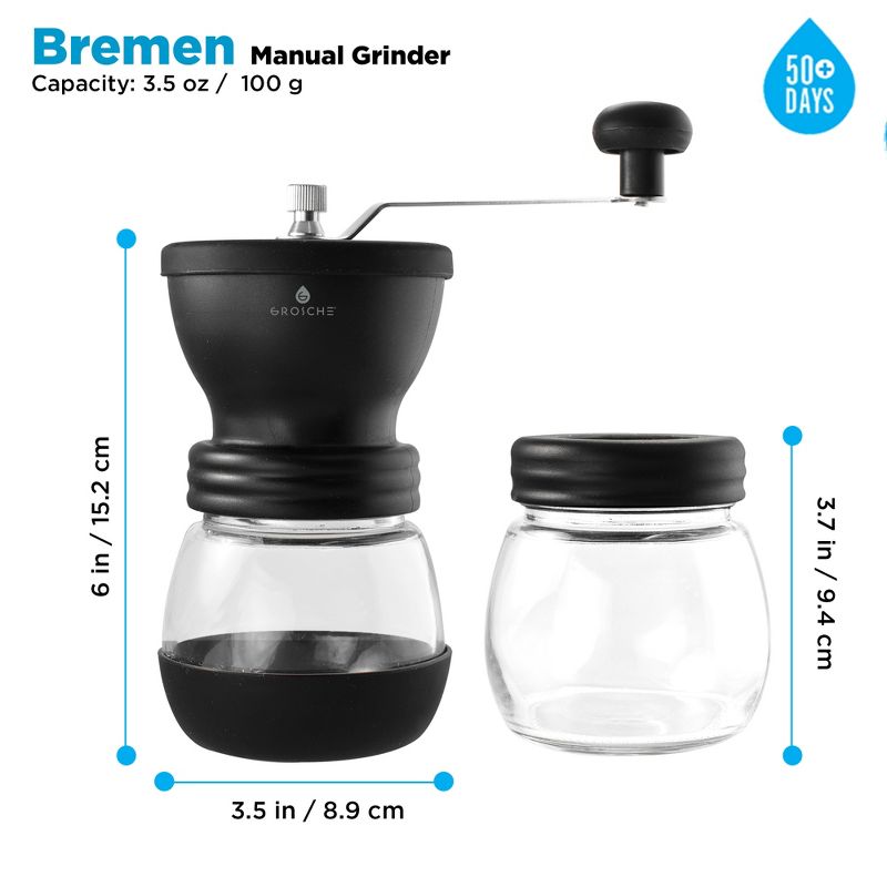 GROSCHE BREMEN Manual Coffee Grinder, Ceramic Conical Burr Coffee Grinder and Spice Mill - Black