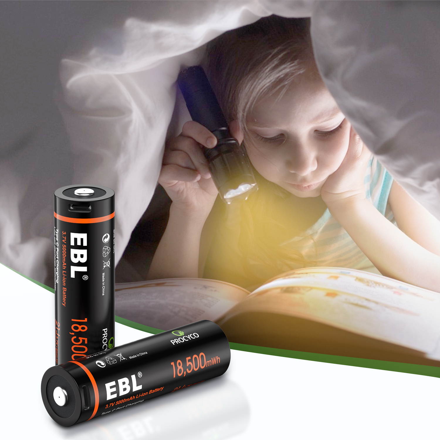 EBL 5000mAh Rechargeable Batteries, 3.7v Lithium-ion Battery with Type-C USB Charging Cable for Flashlight, LED Head Lamp