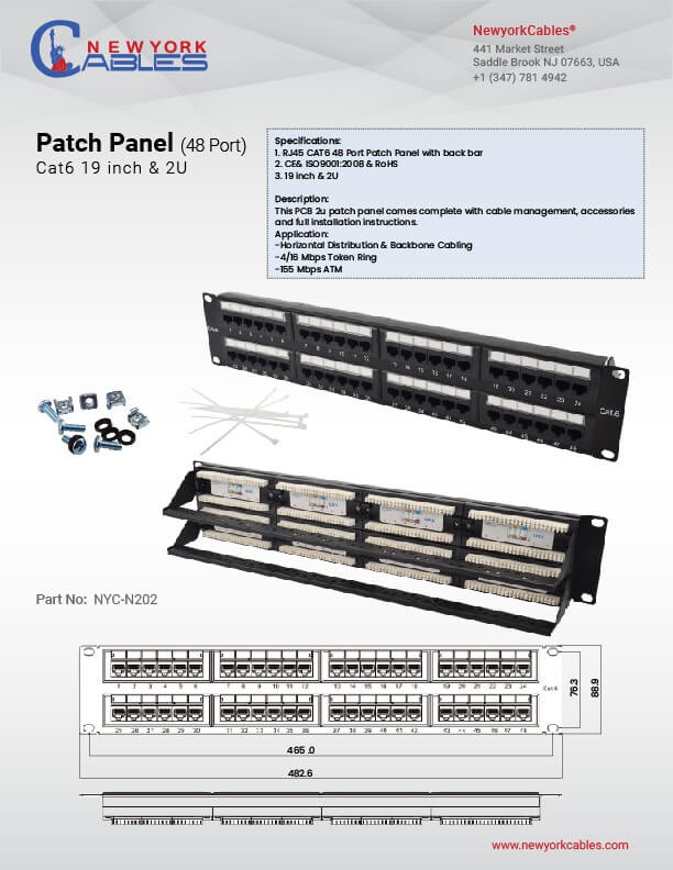 NewYork Cables 48 Port Cat6 RJ45 Patch Panel Rackmount 2U Cat6 110 T568A/B 19 Inch Patch Panel RJ45 Ethernet Network 550Mhz