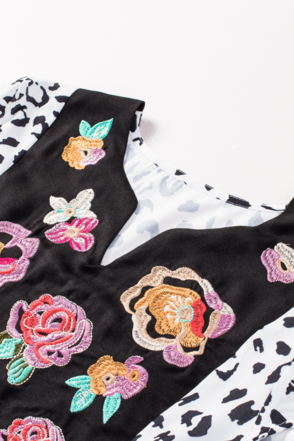 One World Apparel Jacquard Square Neck Short Sleeve Ivory Multi Floral Print Top