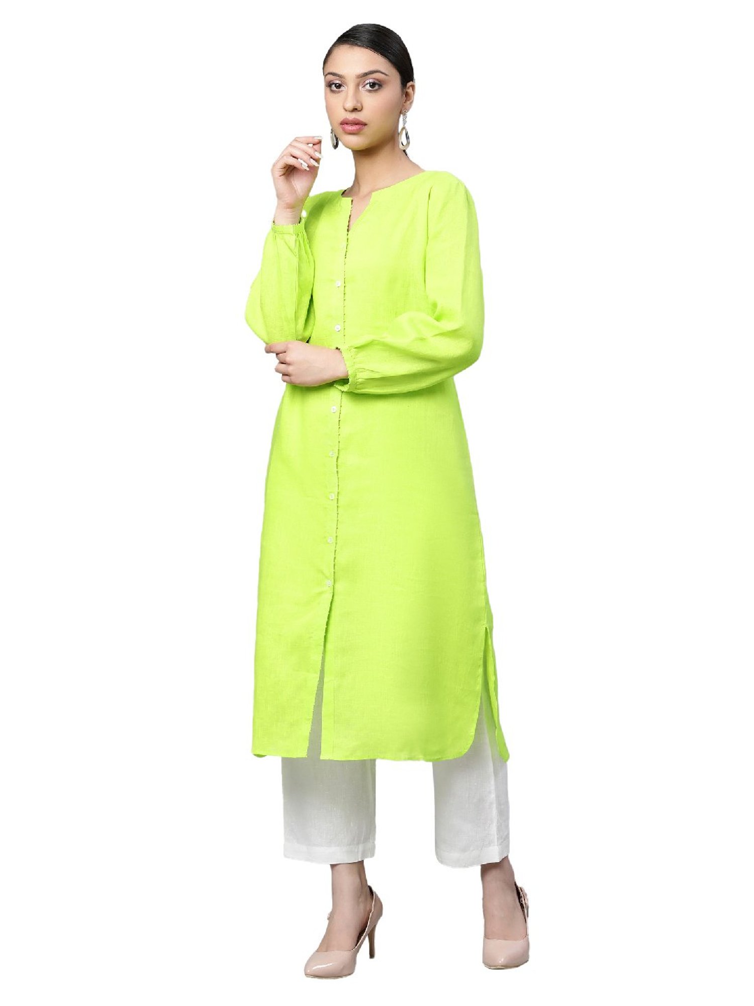 Linen Club Woman Lime Green Straight Kurta
