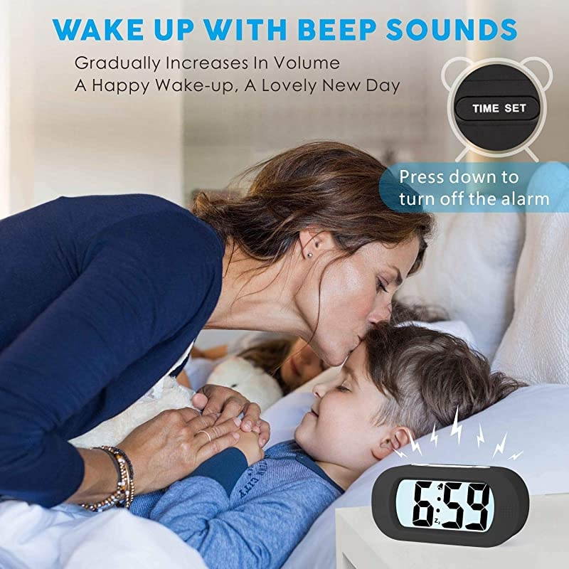 Alarm Clock Plumeet Large Digital LCD Travel Alarm Clocks with Snooze and Night Light Ascending Sound and Handheld Sized Best Gift for Black
