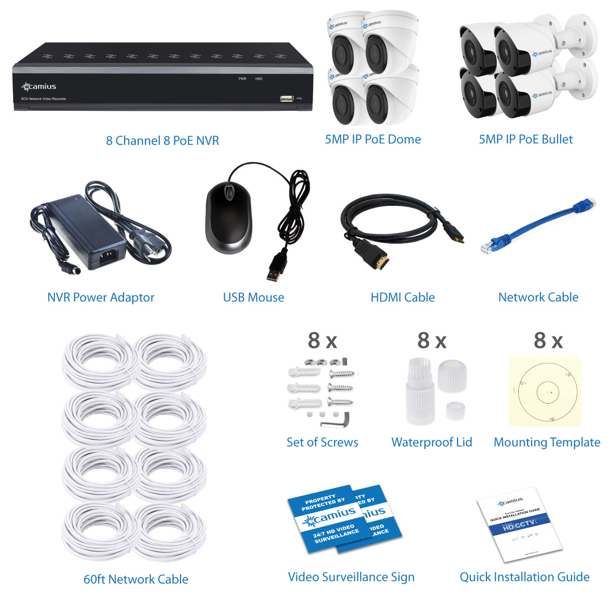 Camius 4K 8 Channel PoE NVR System with 3TB HDD, 8 Wired 5MP IP PoE Bullet & Dome Security Cameras, wide view, indoor-outdoor IP66, Night vision, 24-7 recording - 8P4B4I3T