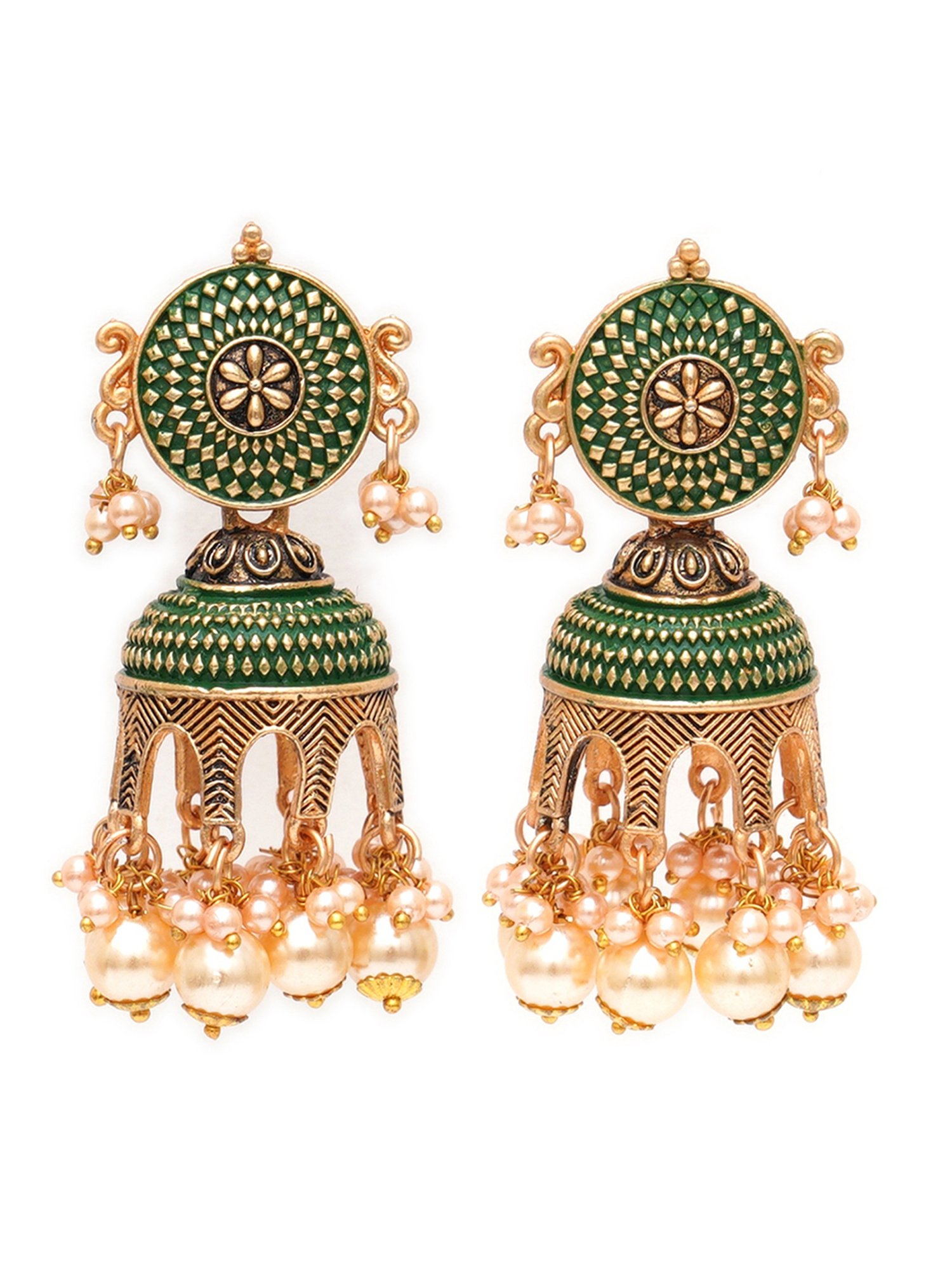Karatcart Antique Gold-Plated Green Tomb Style Jhumki Earrings with Golden Pearl for Women