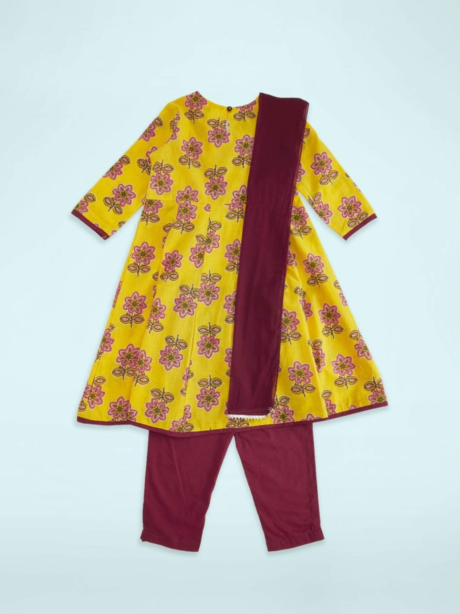 Akkriti by Pantaloons Kids Yellow & Maroon Cotton Floral Print Kurta Set