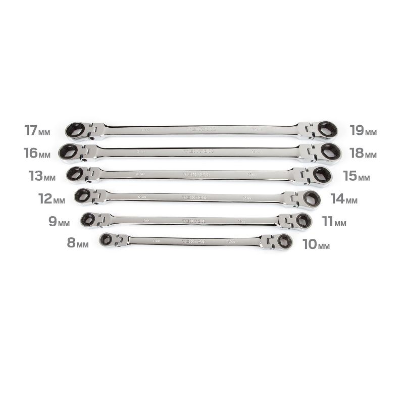 TEKTON WRN77164 Extra Long Ratcheting 6 Point Box End Metric Wrench Tool Set with 180 Degree Flex Head and Storage Holder, 6 Piece, 8 to 19 mm
