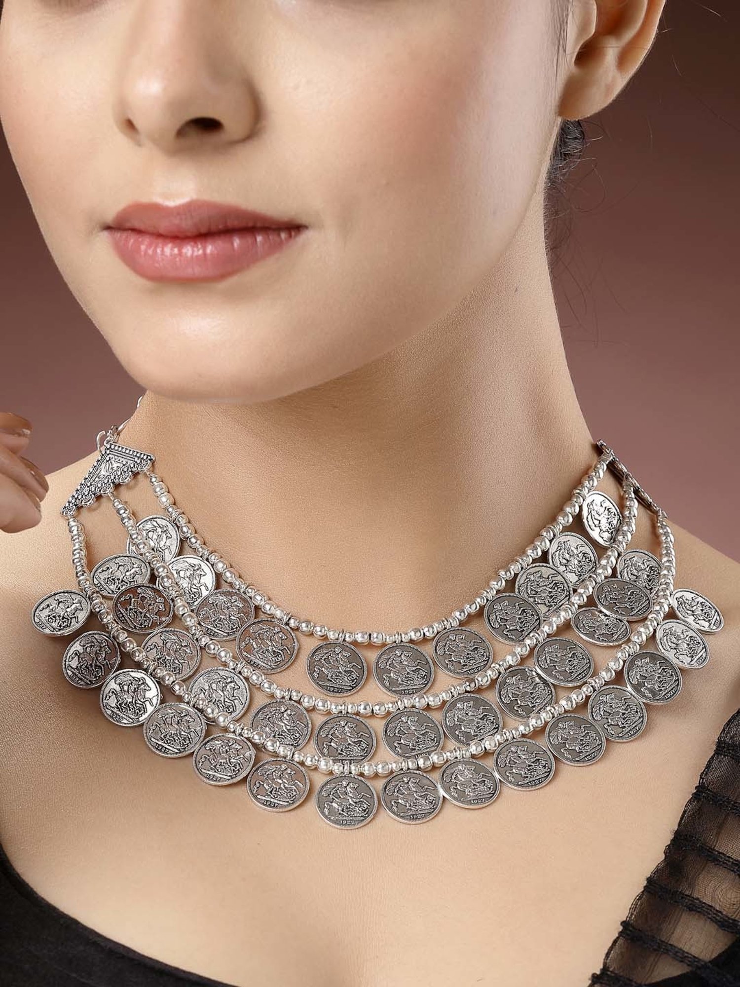 NVR 3 Layered Artificial Beads German Silver Oxidized Necklace for Women