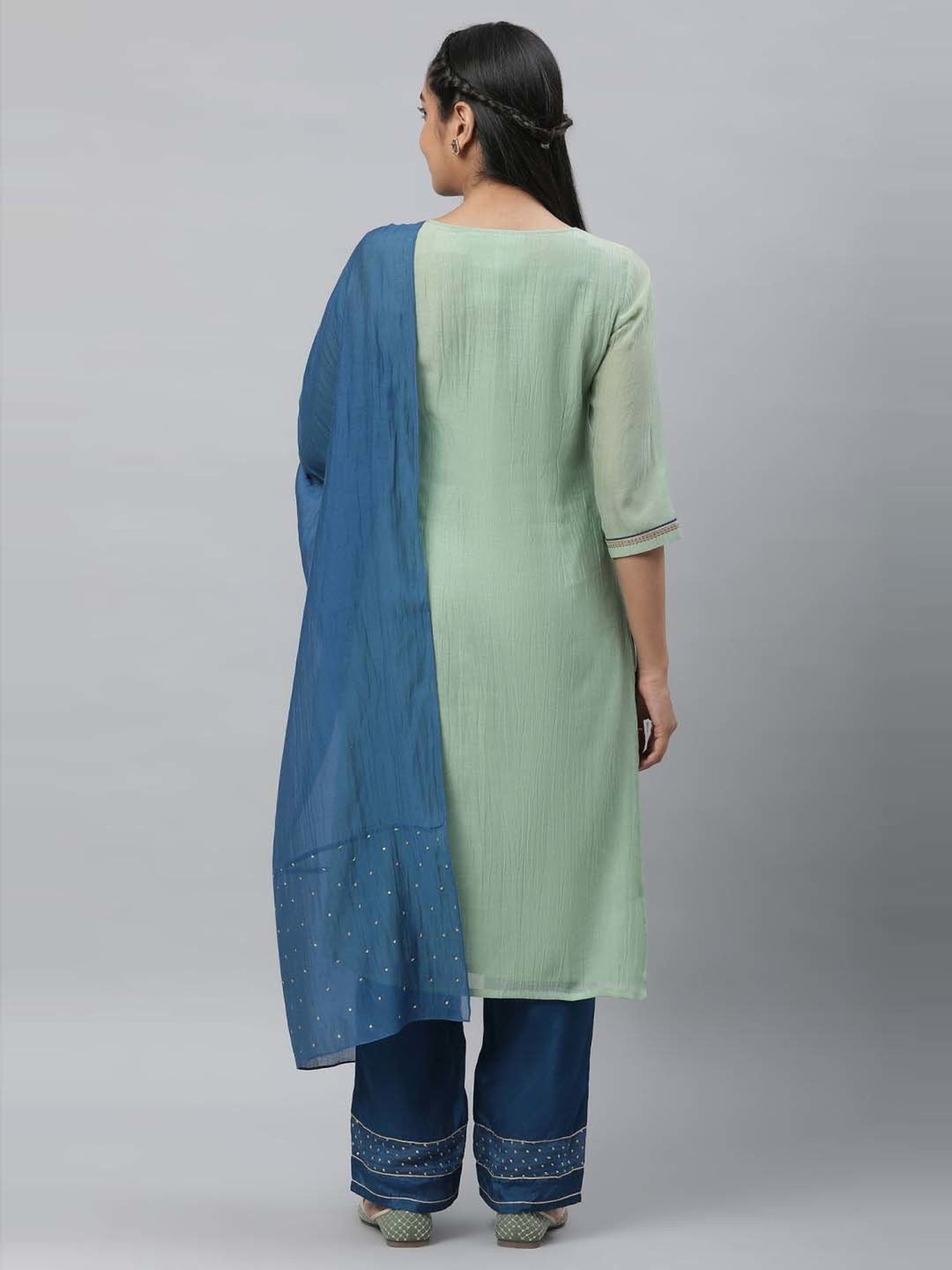 Aurelia Green & Blue Embroidered Kurta Palazzo Set With Dupatta