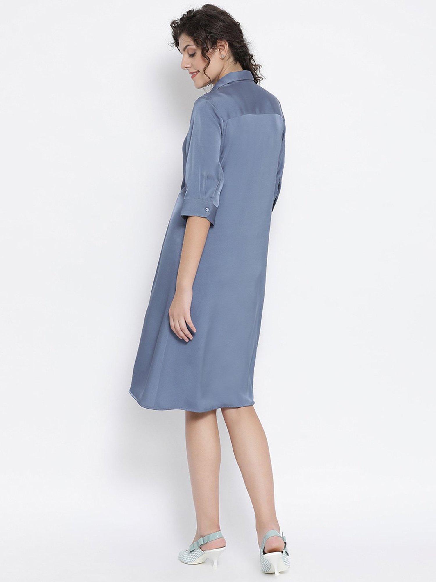 Office & You Blue Dress With Grey Flower Bunch Brooch