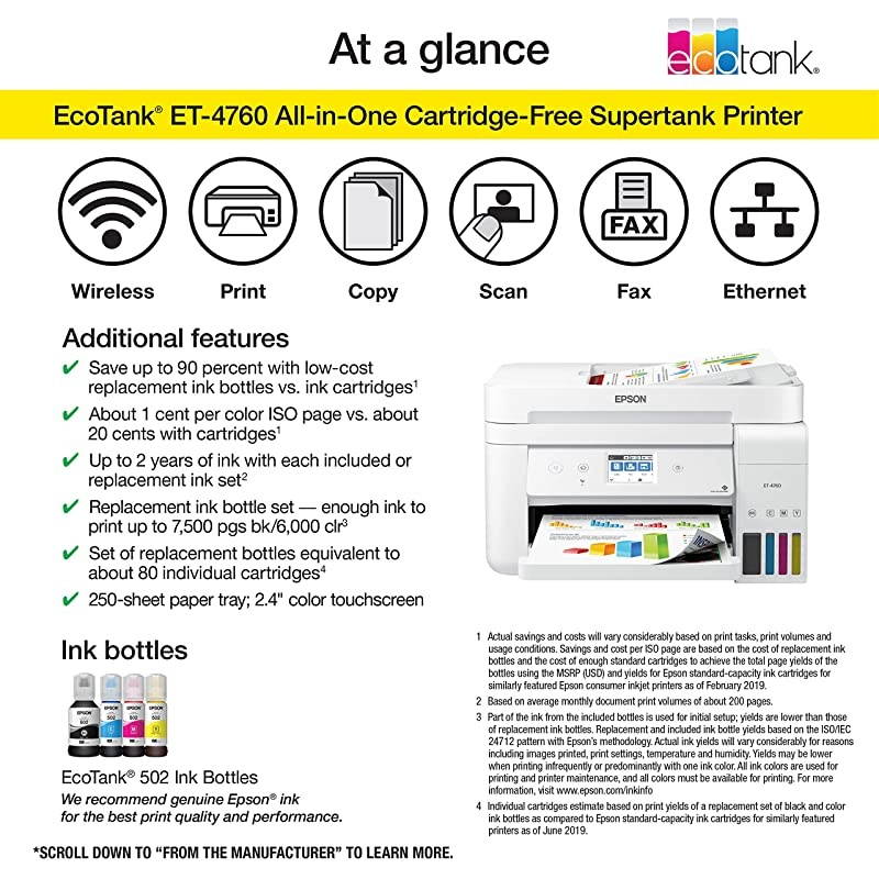 EcoTank ET4760 Wireless Color AllinOne CartridgeFree Supertank Printer with Scanner Copier Fax ADF and Ethernet White