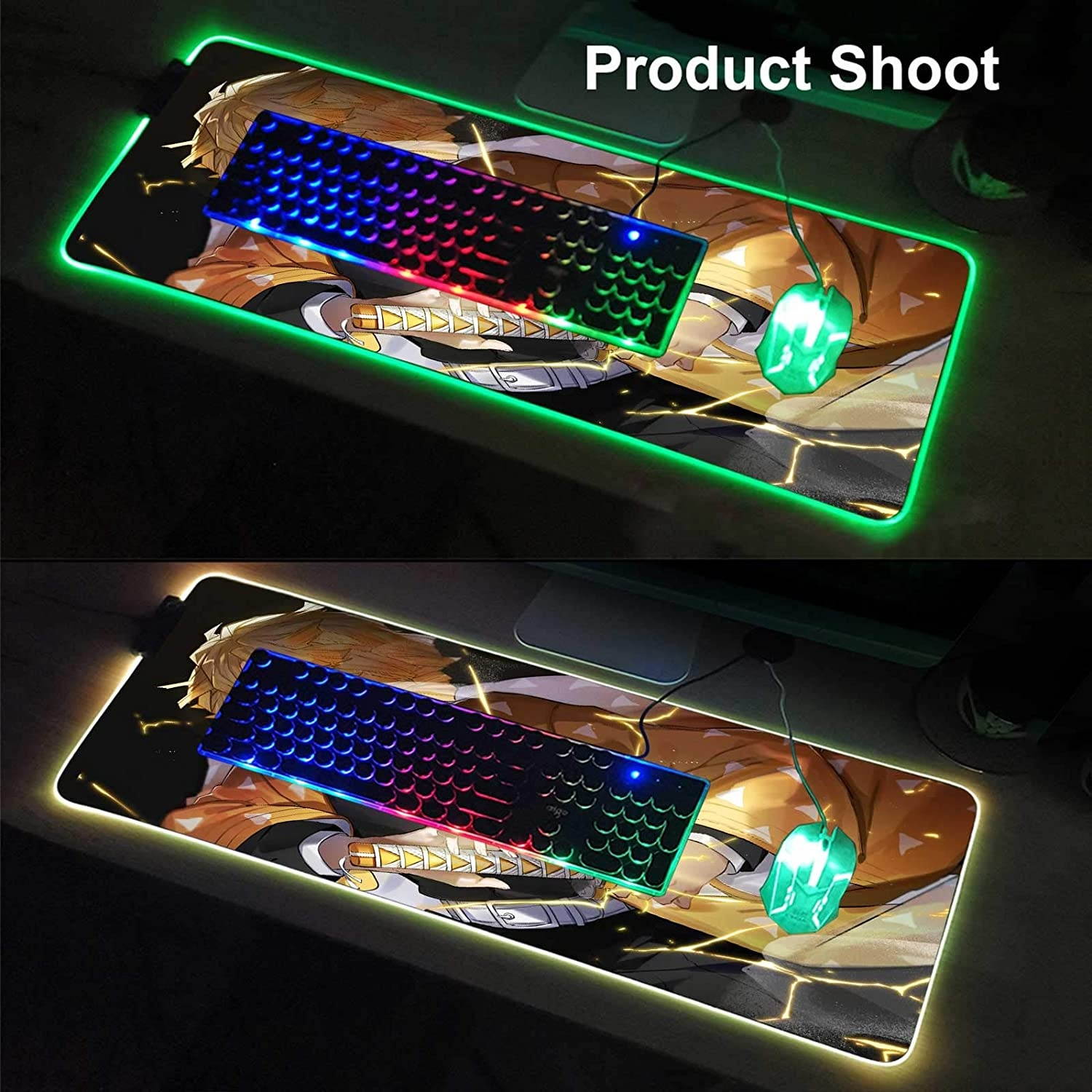 RGB Large Gaming Mouse Mat Anime Demon Slayer Zenitsu Agatsuma Kimetsu No Yaiba,Laptop Desk Pad,Mousepad with Stitched Edge & Non-Slip Rubber Base,Computer Keyboard and Mice Pads Mouse Mat 31.5X11.8