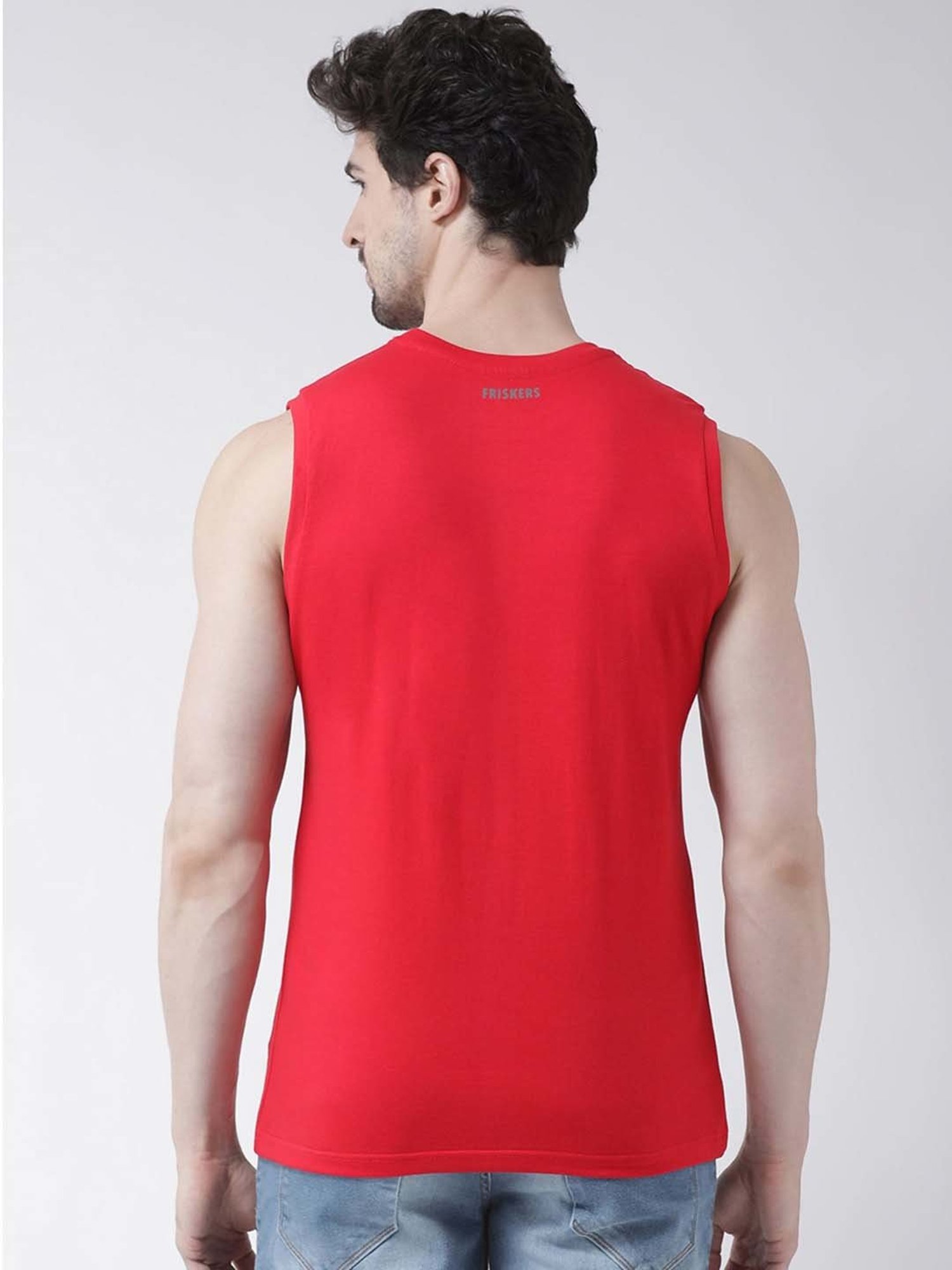 Friskers Red Slim Fit Sleeveless T-Shirt