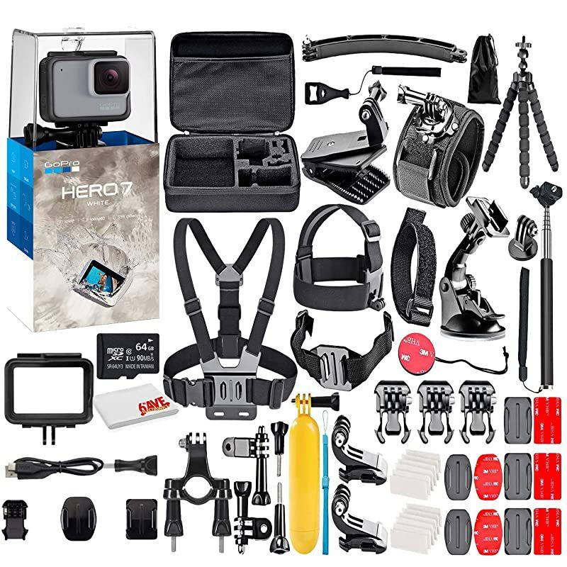HERO7 White - Waterproof Action Camera with Touch Screen, Full HD Video, 10MP Photos, and Stabilization - with 64GB Micro Sd Card and 50 Piece Accessory Kit - Fully Loaded Bundle