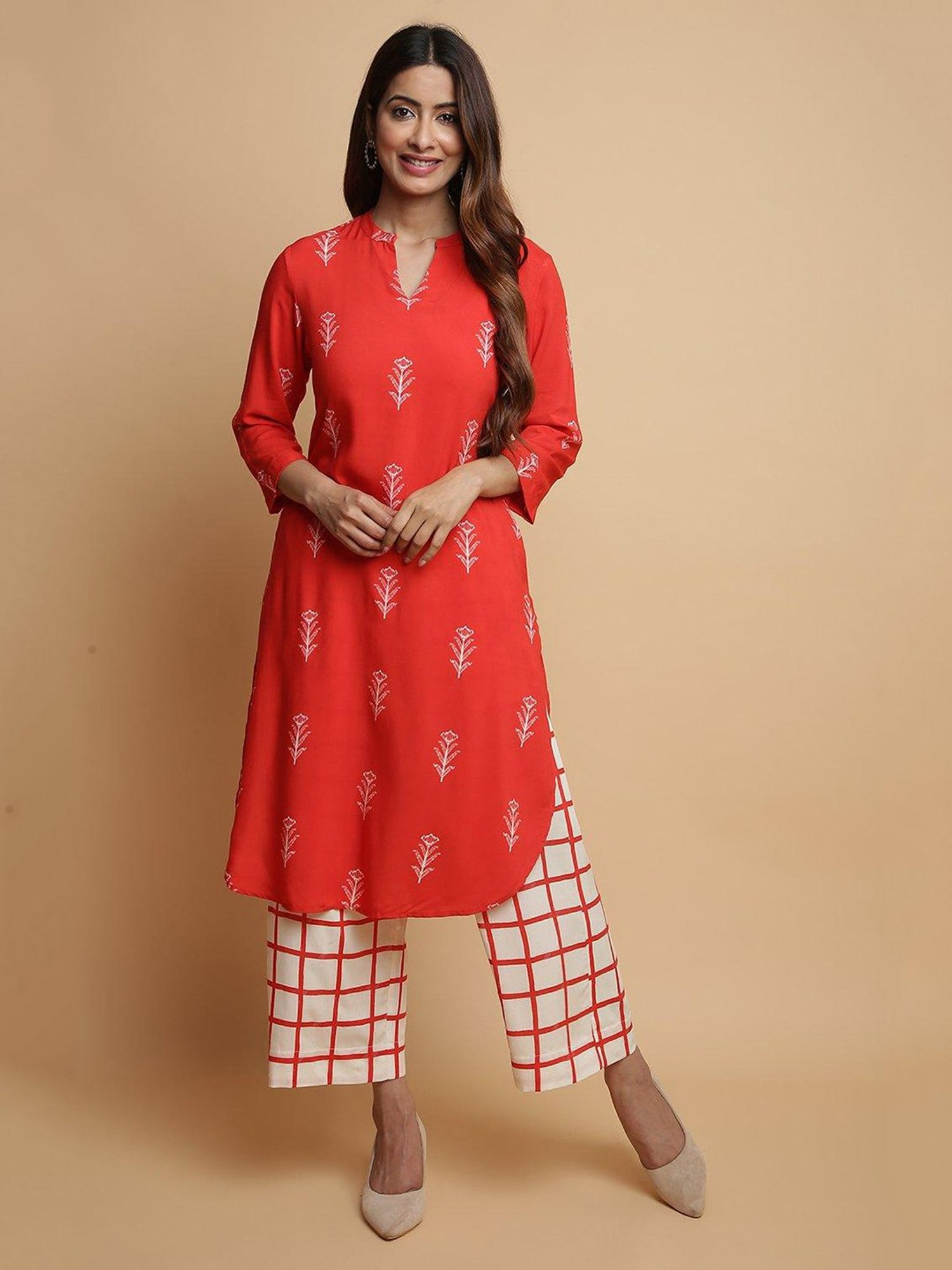 Biba Red & Cream Printed Kurta & Palazzo Set