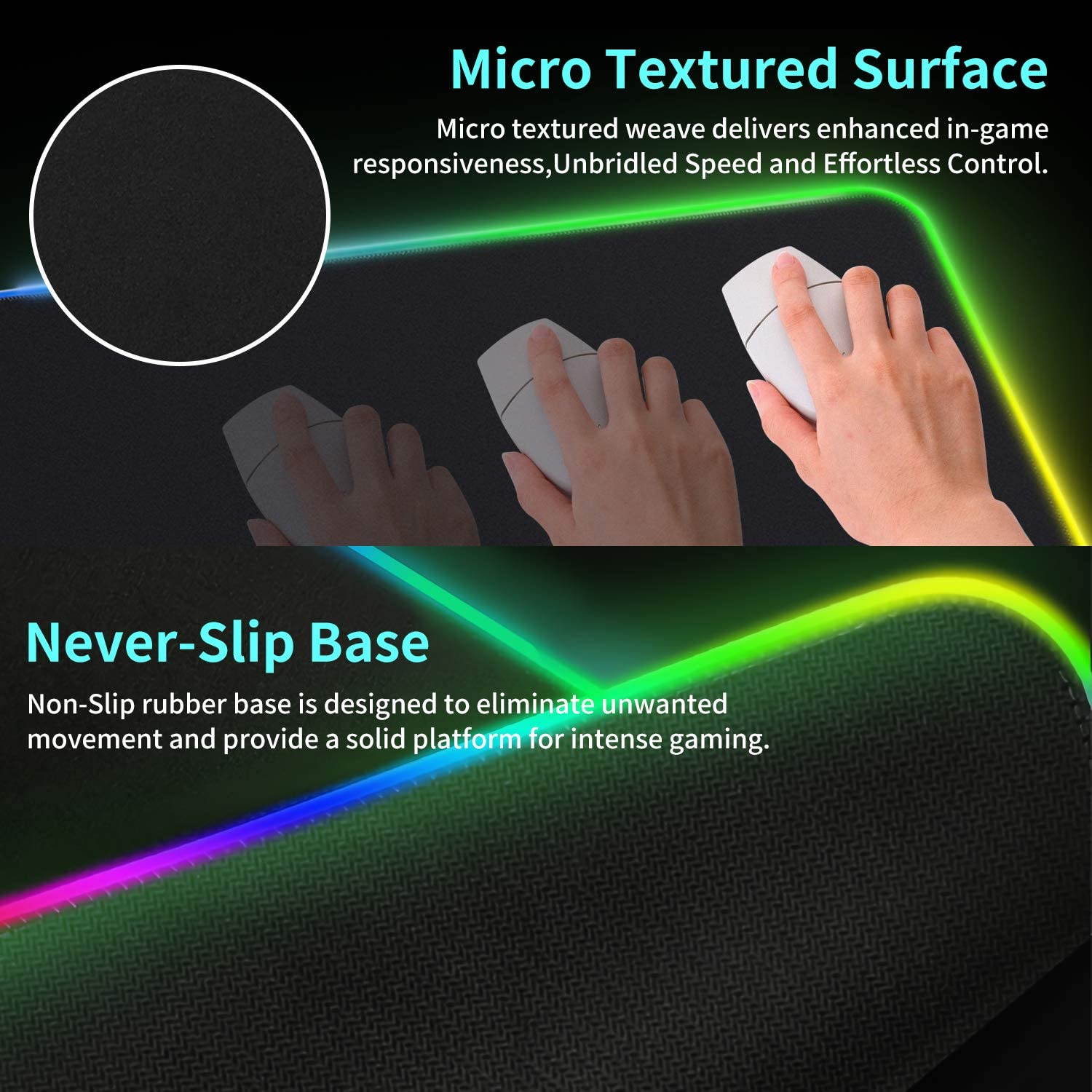 RGB Gaming Mouse Pad Large, Extended LED Soft Led Mouse Pad, Anti-Slip Rubber Base, Computer Keyboard Mouse Mat Waterproof with 14 Lighting Modes 5mm Ultra Thick (31.5 x 12 x 0.2 Inch)