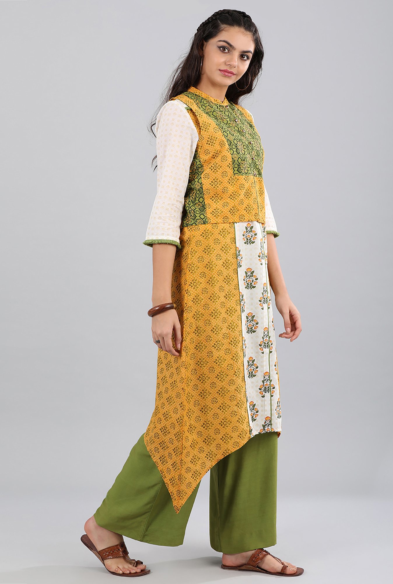 Aurelia Yellow & Green Band Neck Printed Cotton Gilet