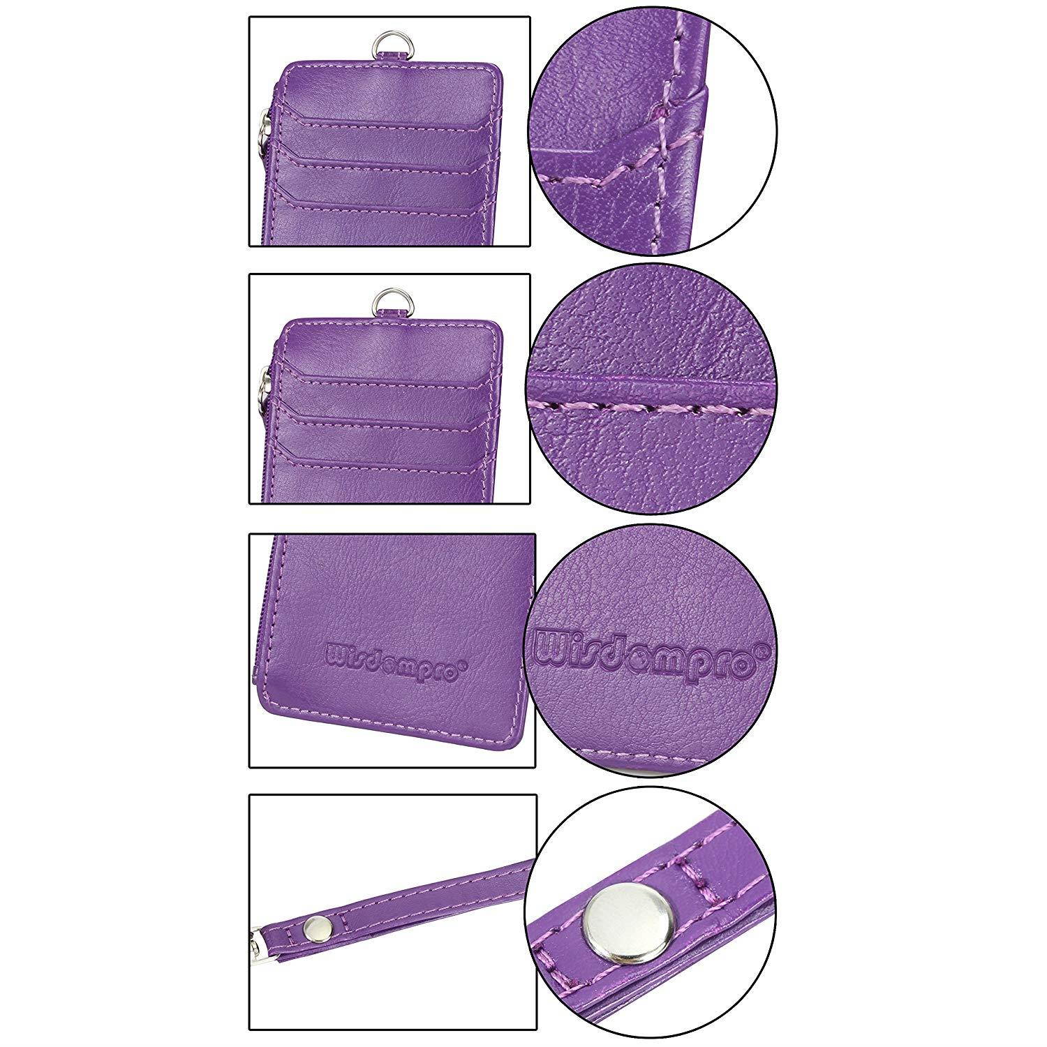 Badge Holder with Zip, Wisdompro 2-Sided PU Leather ID Badge Holder Wallet Case with 1 ID Window, 4 Card Slots, 1 Side Zipper Pocket and 1 piece 20" PU Neck Lanyard/Strap - Purple (Vertical)