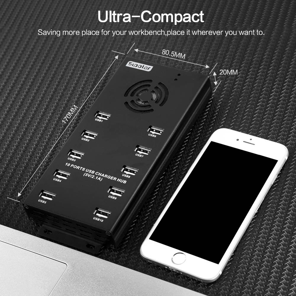 Sipolar Aluminum alloy 10 ports USB 2.0 data syncs and charger 2 in 1 hub with 12V 10A power adapter for phone tablets ipad charging Litecoin miners bitcoin minings a-400