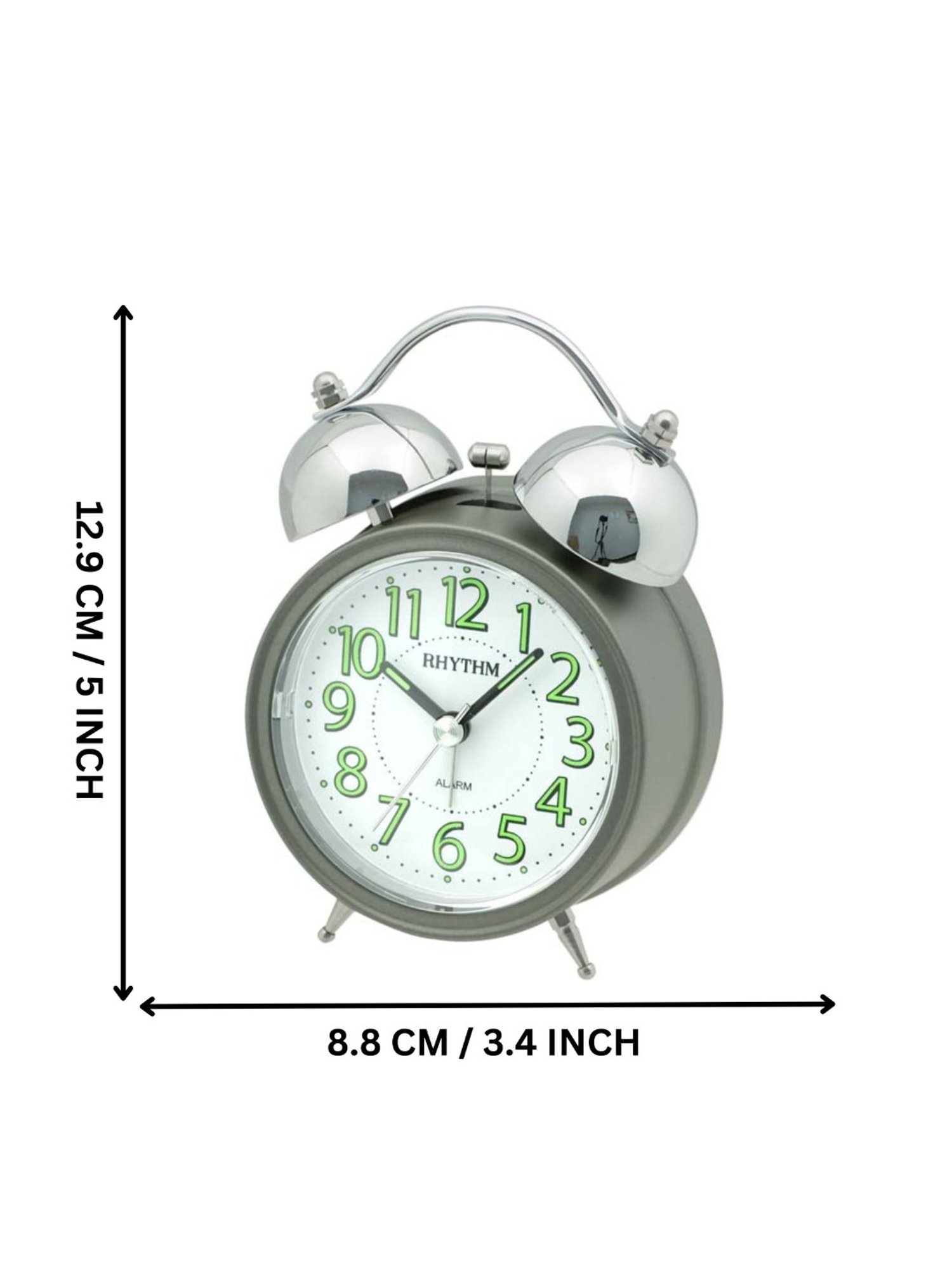 RHYTHM Grey Plastic Elegant Round Grey Light Silky Move Bell Alarm Snooze Lumibrite Table Clock