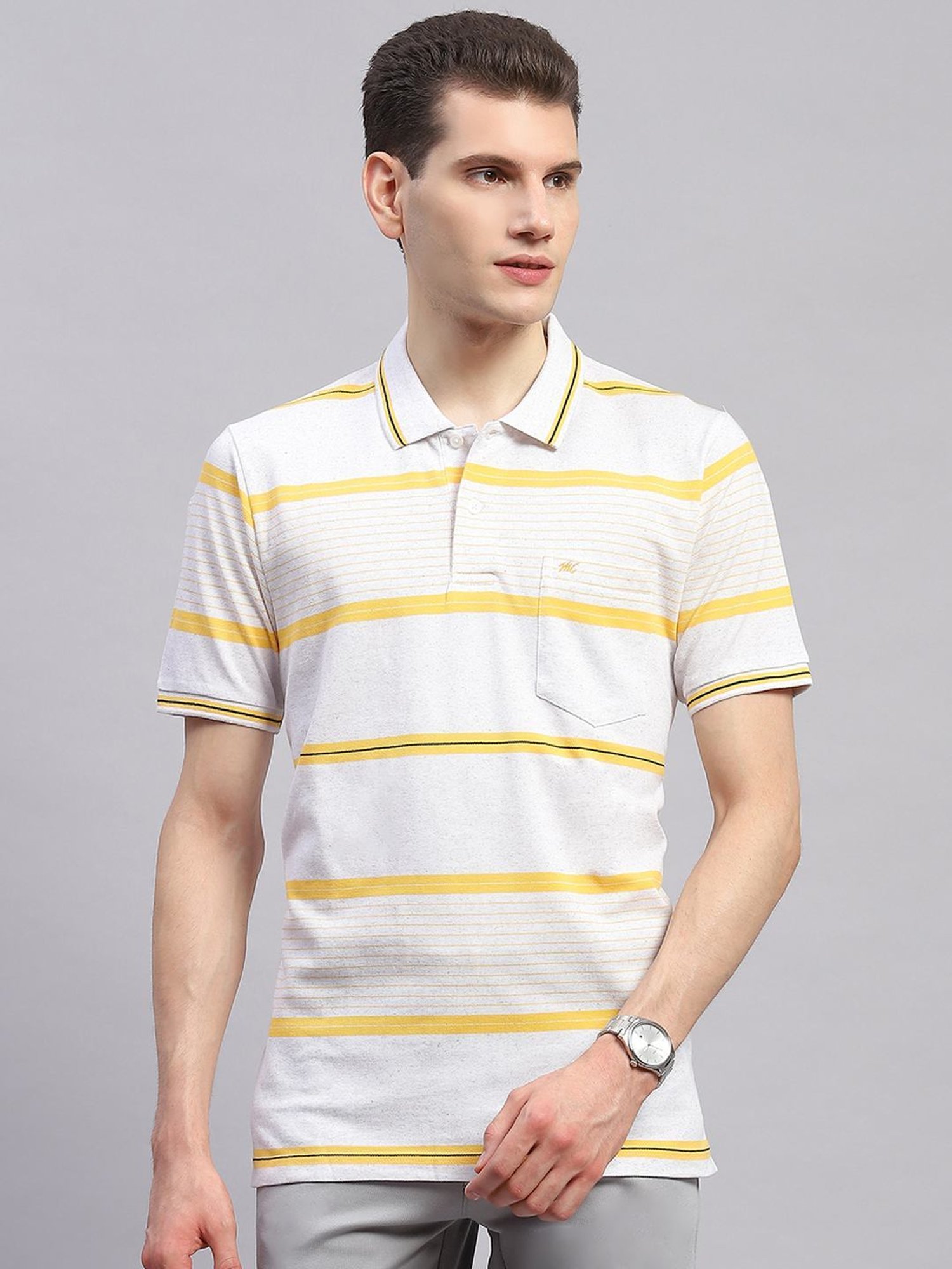 Monte Carlo Yellow Regular Fit Striped Polo T-Shirt