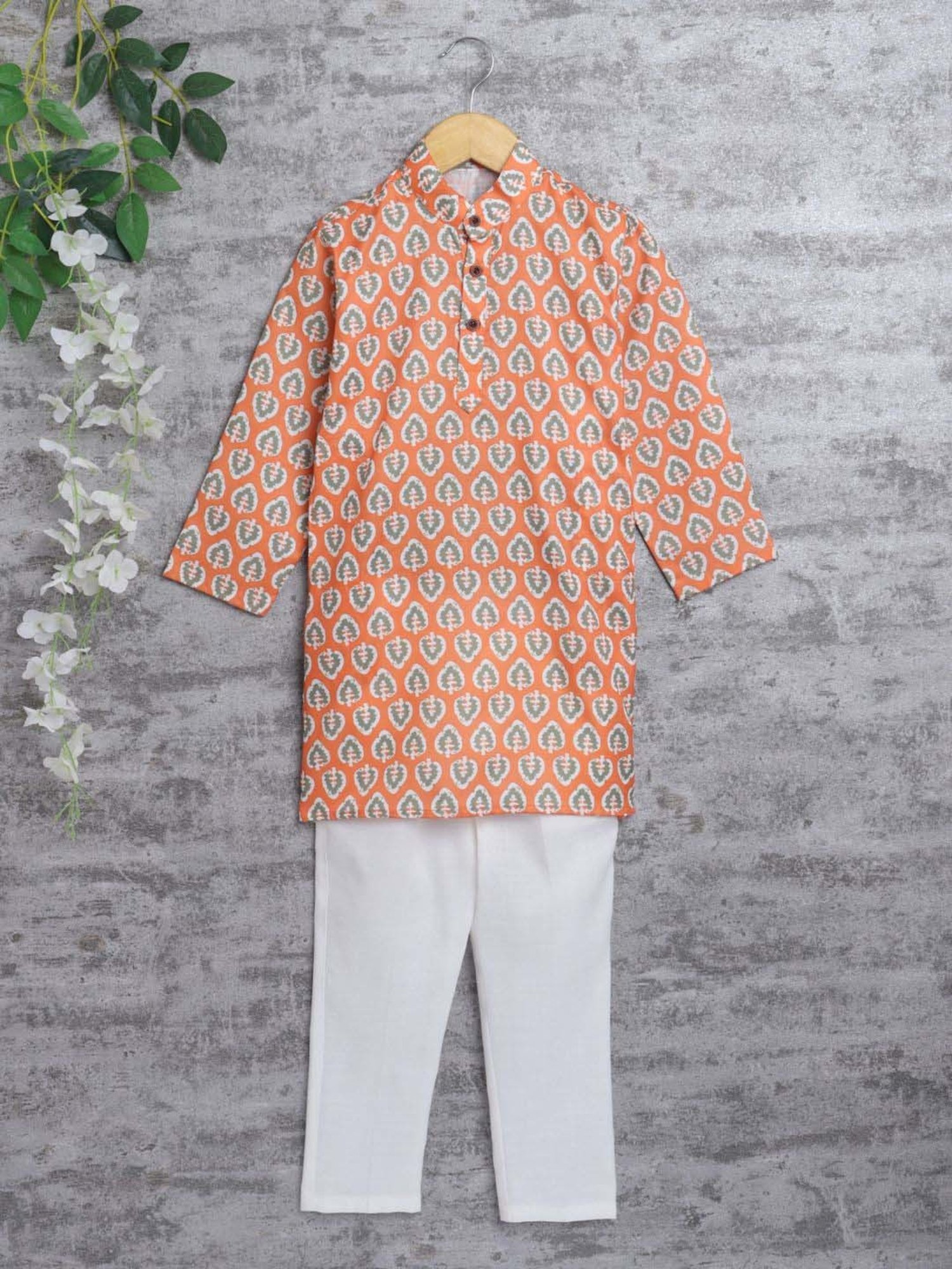Ahhaaaa Kids Orange & White Cotton Handloom Full Sleeves Kurta Set