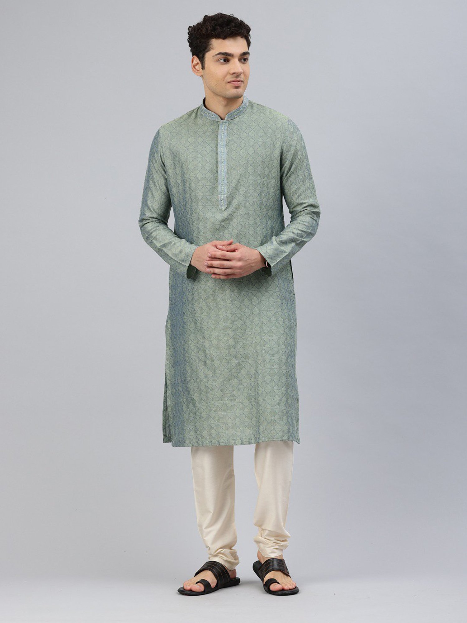 Manthan Green & Cream Regular Fit Self Design Kurta & Pyjamas Set