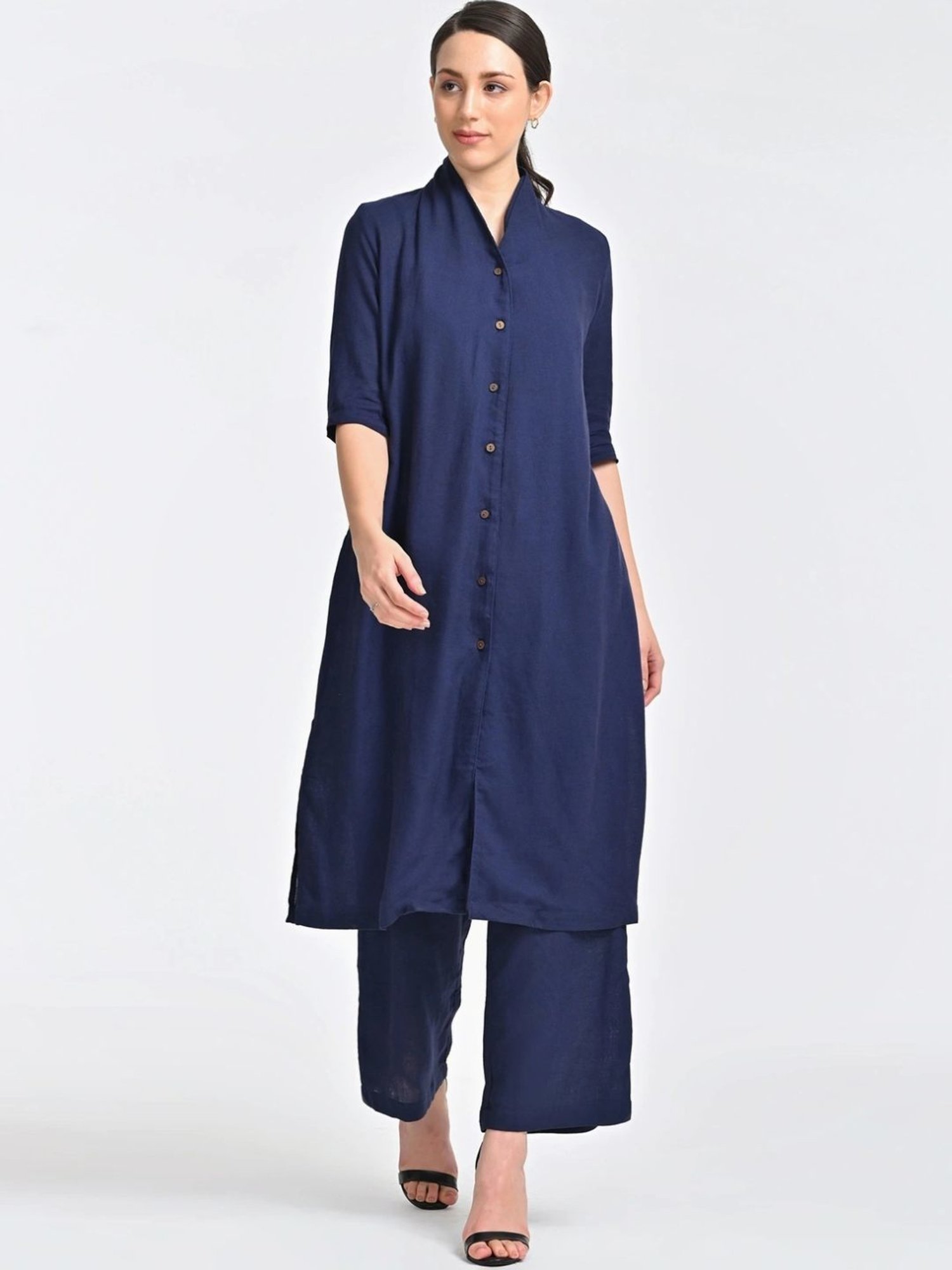 Saltpetre Navy Blue Linen Long Shirt With Trousers Co-ords Set